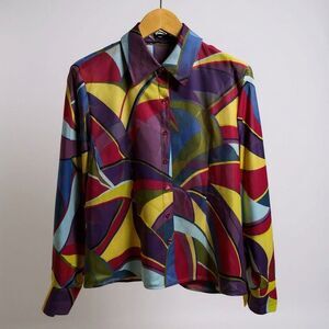 Vintage 90S Womens Button Shirt Size 14 Multicolor Sheer Geometric Pattern